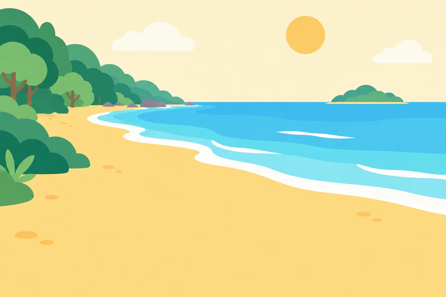 A flat illustrated forest opening onto a golden beach and a calm turquoise ocean